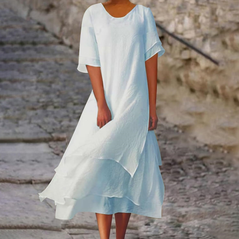 Linwell™ – Layered Cotton-Linen Flowing Midi Dress with Asymmetric Hem + 50% OFF