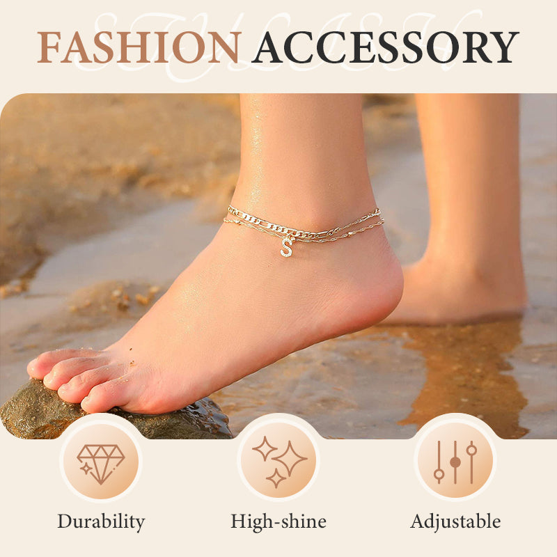 Avienne™ – Layered Gold Initial Anklet with Rhinestone Charm + 1+1 FREE