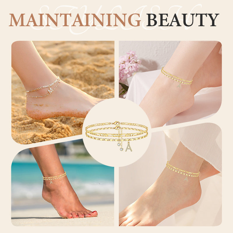 Avienne™ – Layered Gold Initial Anklet with Rhinestone Charm + 1+1 FREE