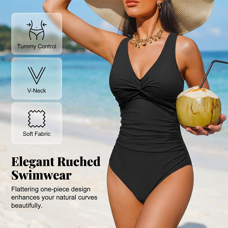 Drapelle™ – Tummy-Control Twist-Front V-Neck One-Piece Swimsuit + 50% OFF
