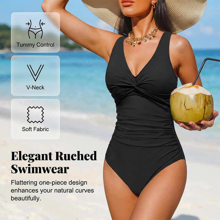 Drapelle™ – Tummy-Control Twist-Front V-Neck One-Piece Swimsuit + 50% OFF
