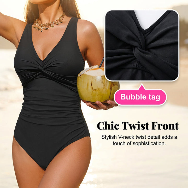 Drapelle™ – Tummy-Control Twist-Front V-Neck One-Piece Swimsuit + 50% OFF