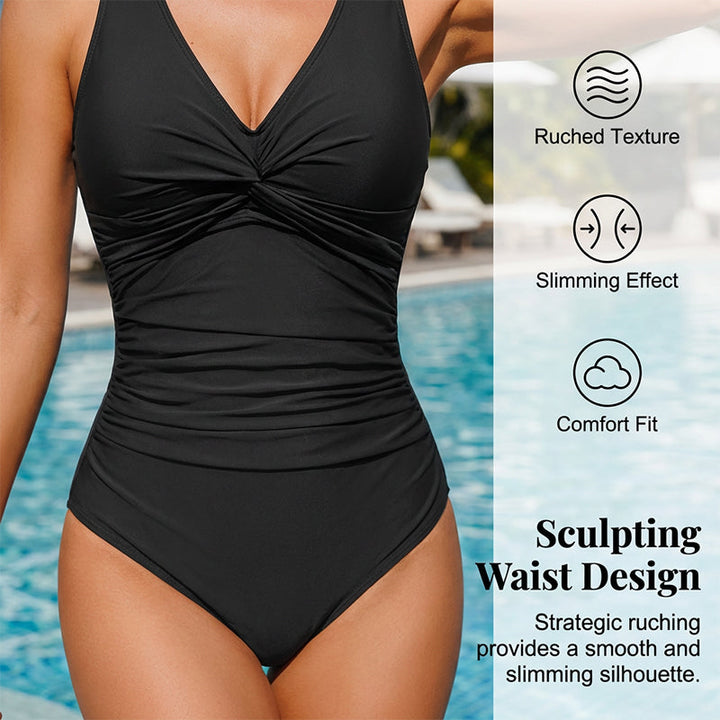 Drapelle™ – Tummy-Control Twist-Front V-Neck One-Piece Swimsuit + 50% OFF