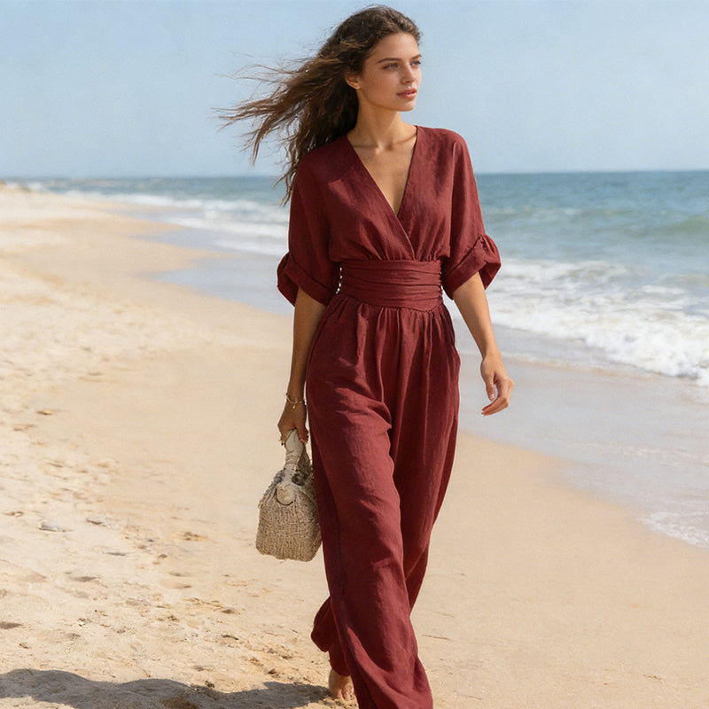 Linora™ – Flowy V-Neck Wide-Leg Jumpsuit with Cinched Waist Sash + 50% OFF