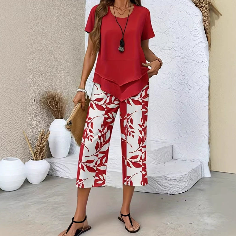 Olivelle™ – Layered Asymmetric Tunic &amp; Leaf-Print Capri Set + 50% OFF