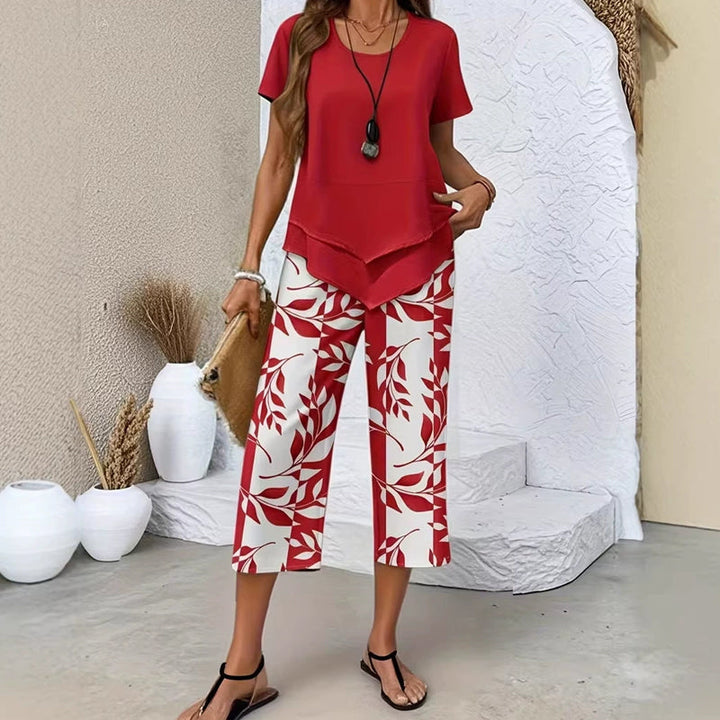 Olivelle™ – Layered Asymmetric Tunic &amp; Leaf-Print Capri Set + 50% OFF