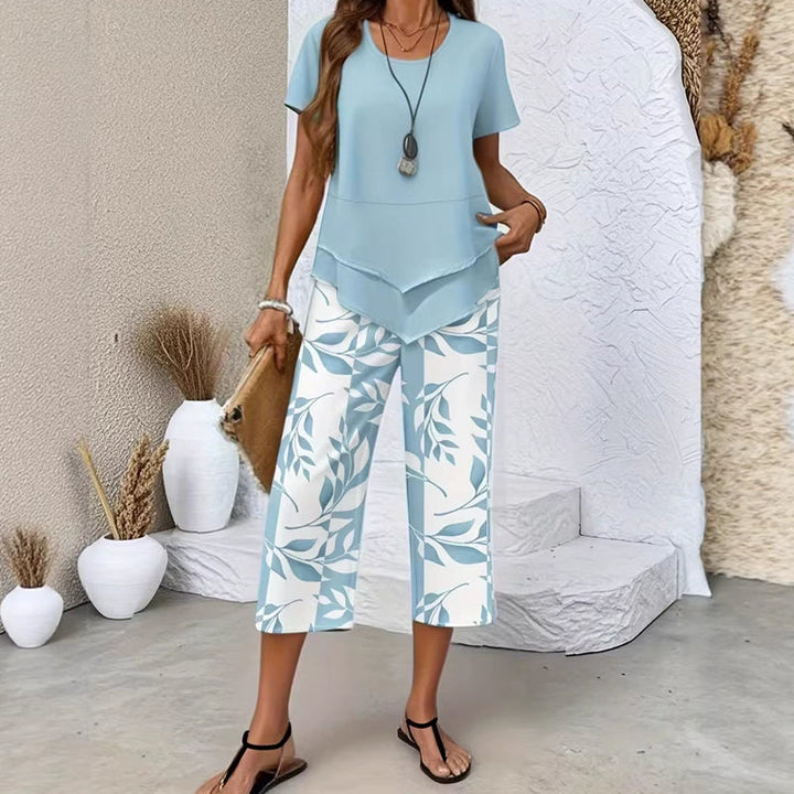 Olivelle™ – Layered Asymmetric Tunic &amp; Leaf-Print Capri Set + 50% OFF