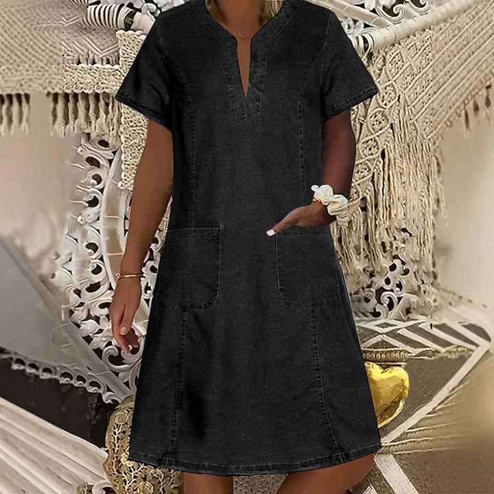 Solène™ – Lightweight Breathable Denim V-Neck Dress with Pockets + 50% OFF
